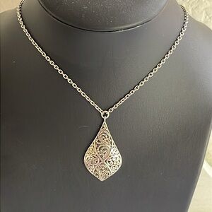 Lois Hill Sterling Silver Signature Scroll Tear Drop Pendant Necklace.